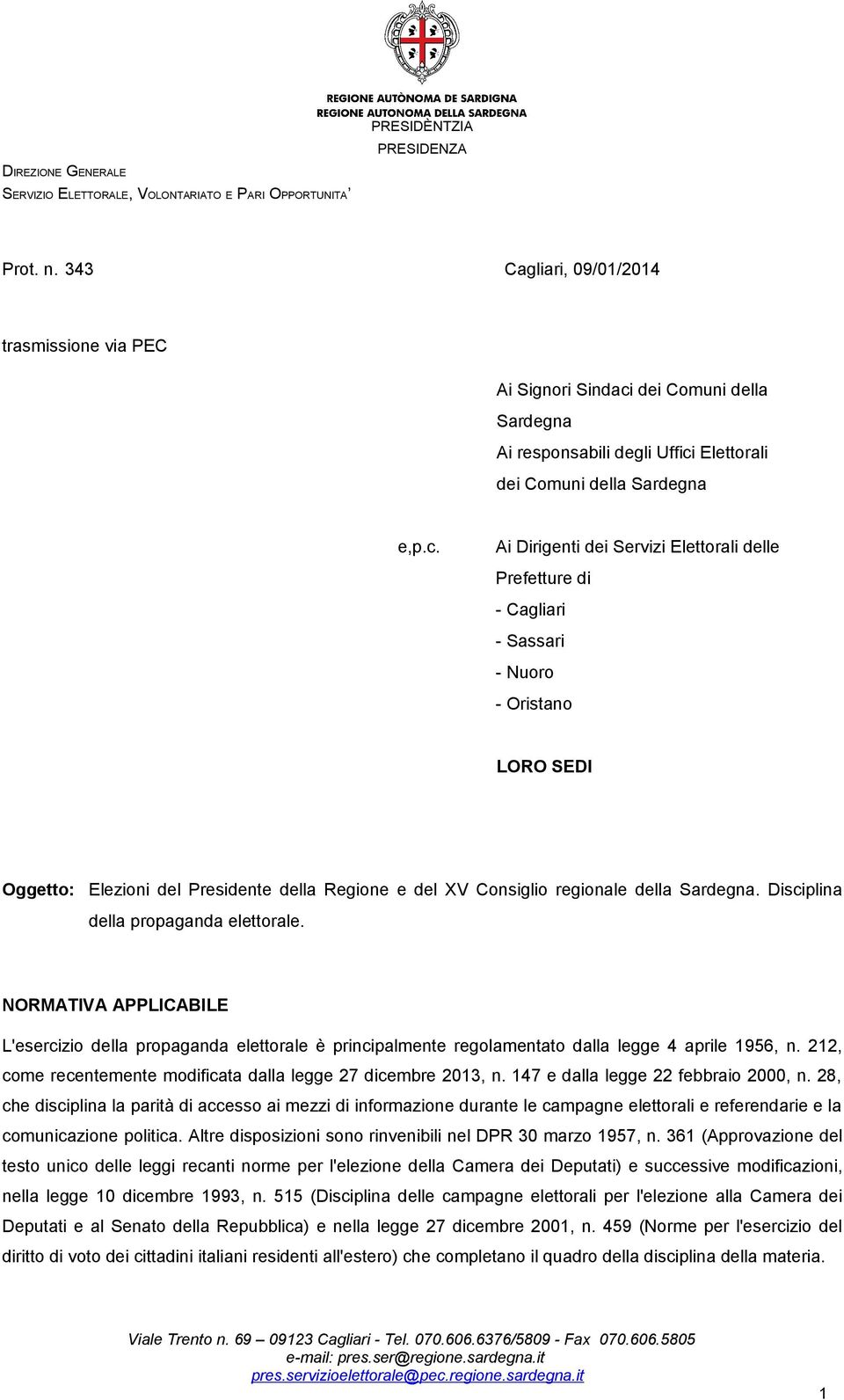 Elettorali dei Comuni della Sardegna e,p.c.