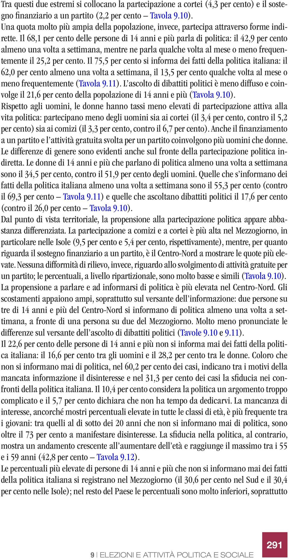 Il 68,1 per cento delle persone di 14 anni e più parla di politica: il 42,9 per cento almeno una volta a settimana, mentre ne parla qualche volta al mese o meno frequentemente il 25,2 per cento.