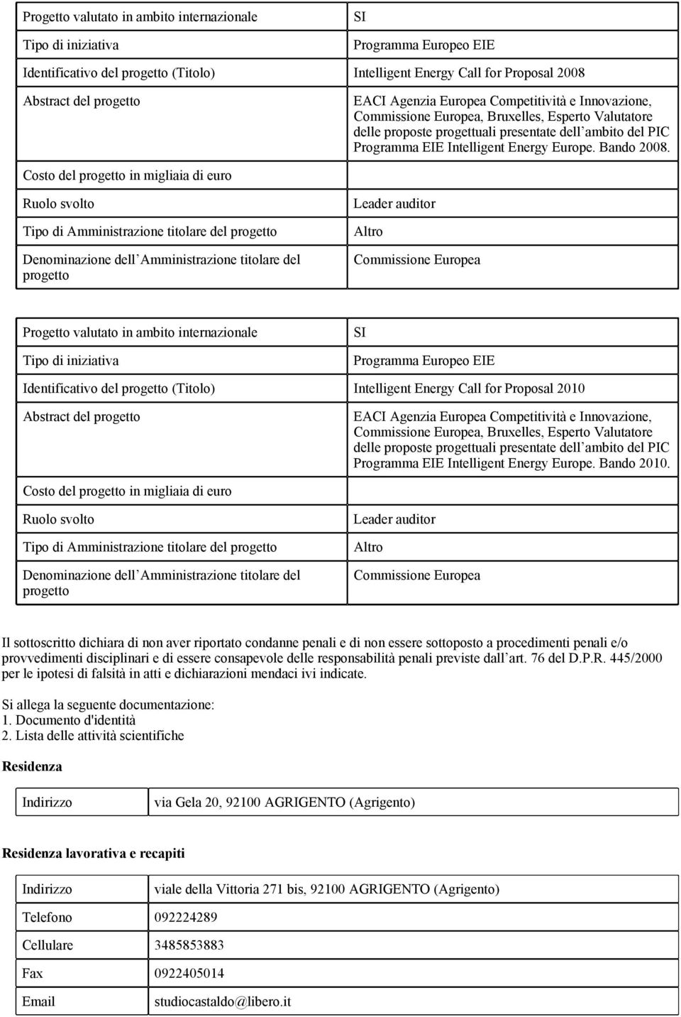 Costo del progetto in migliaia di euro svolto Tipo di Amministrazione titolare del progetto Denominazione dell Amministrazione titolare del progetto Leader auditor Altro Commissione Europea Progetto