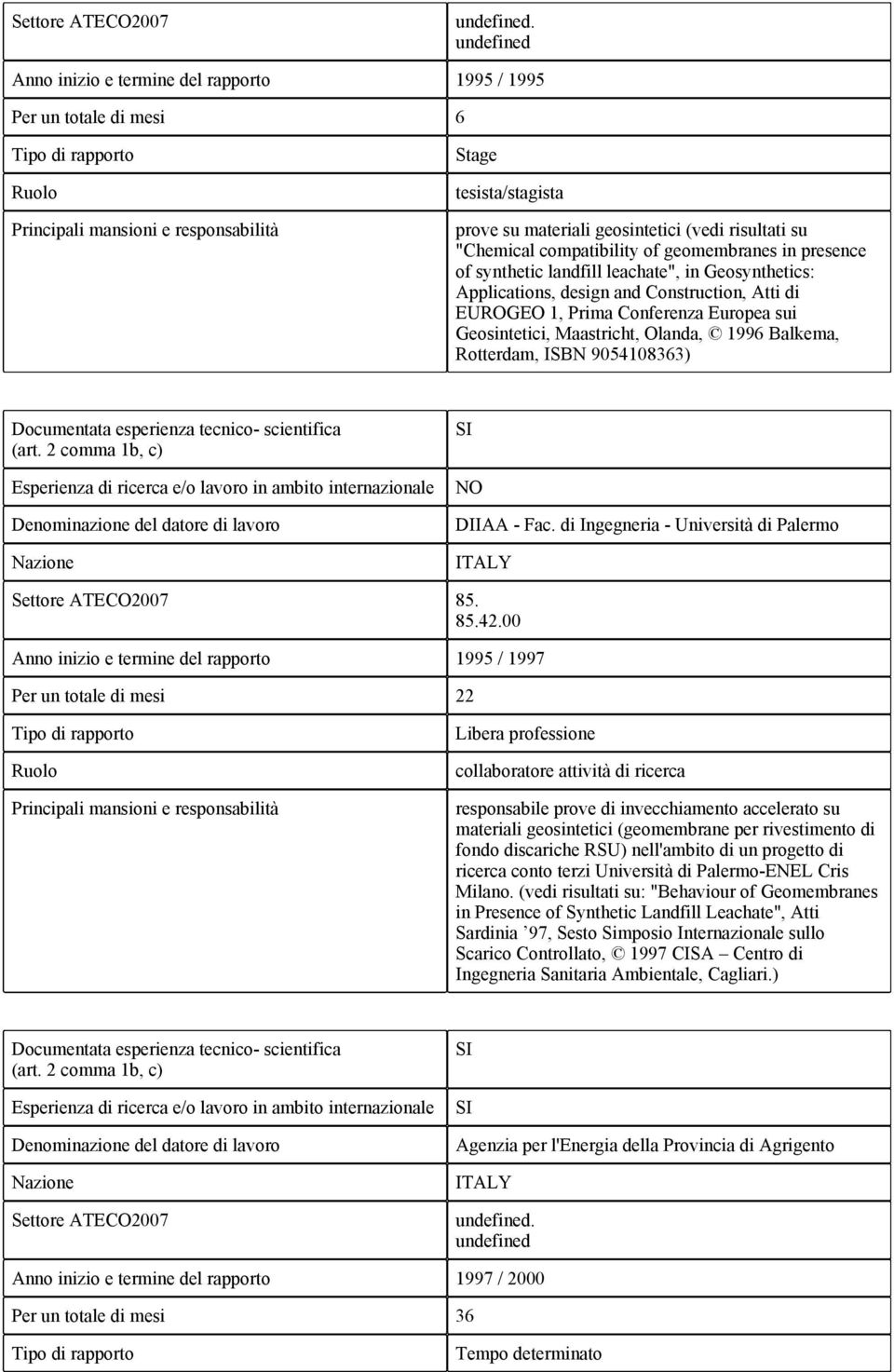 presence of synthetic landfill leachate", in Geosynthetics: Applications, design and Construction, Atti di EUROGEO 1, Prima Conferenza Europea sui Geosintetici, Maastricht, Olanda, 1996 Balkema,