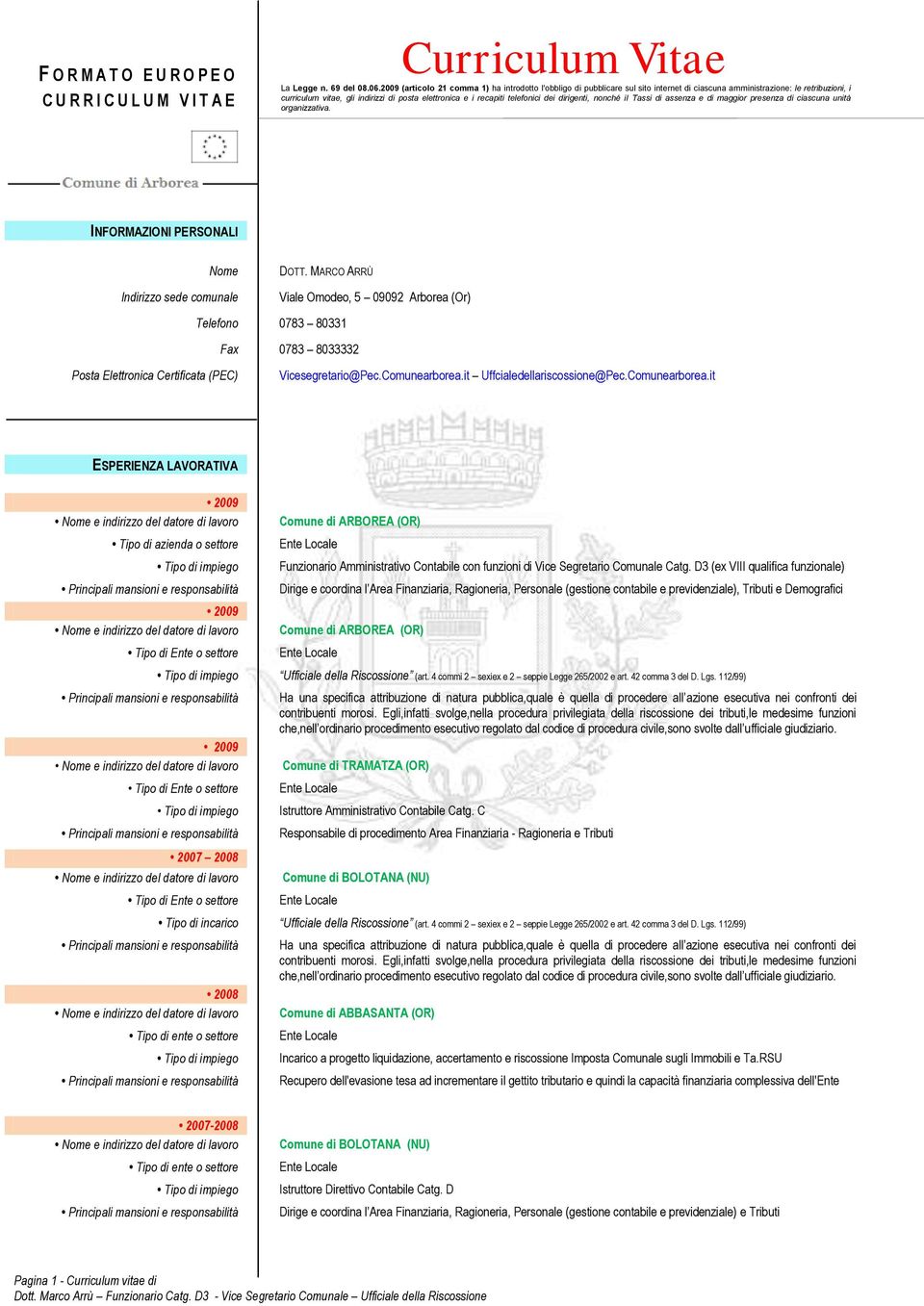 telefonici dei dirigenti, nonché ii Tassi di assenza e di maggior presenza di ciascuna unità organizzativa. INFORMAZIONI PERSONALI Nome Indirizzo sede comunale DOTT.