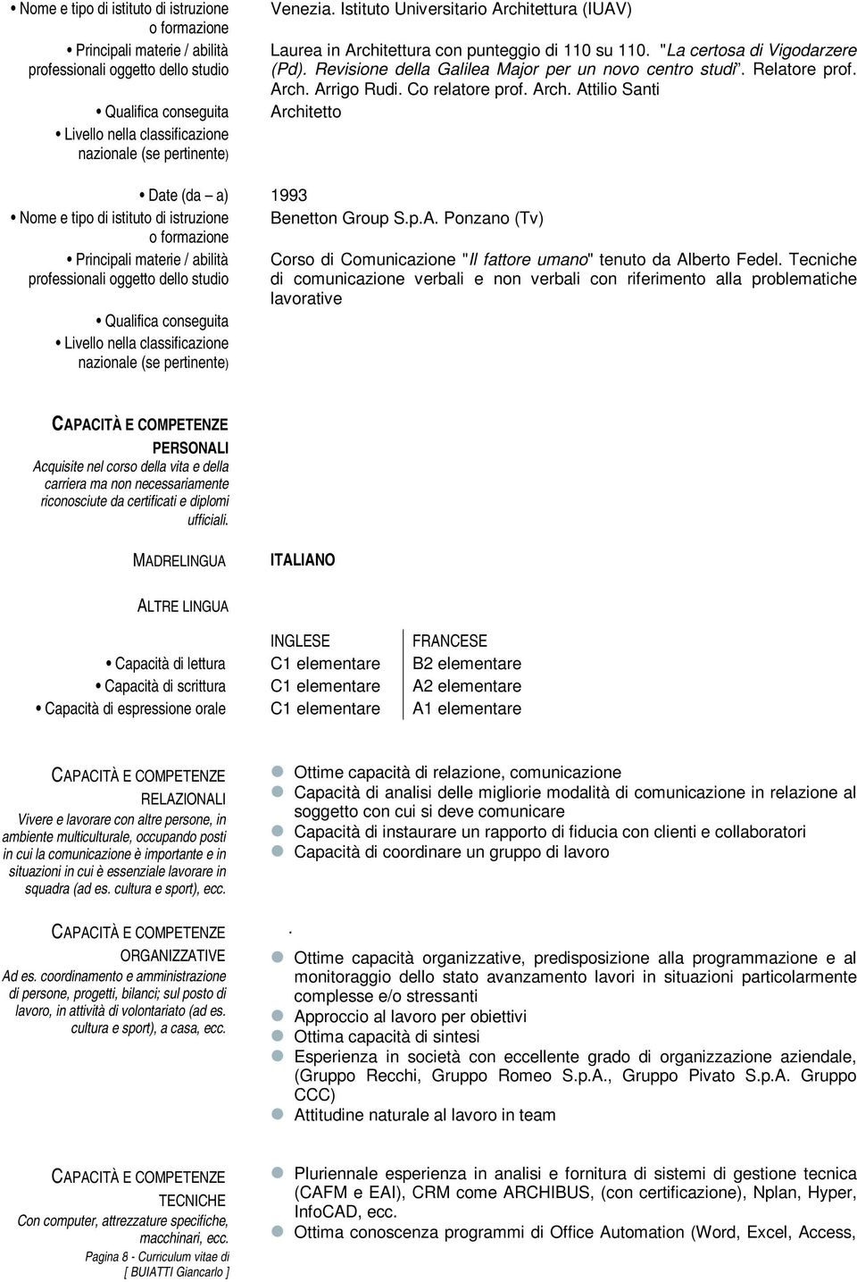 Arch. Arrigo Rudi. Co relatore prof. Arch. Attilio Santi Architetto Date (da a) 1993 Nome e tipo di istituto di istruzione Benetton Group S.p.A. Ponzano (Tv) Principali materie / abilità Corso di Comunicazione "Il fattore umano" tenuto da Alberto Fedel.