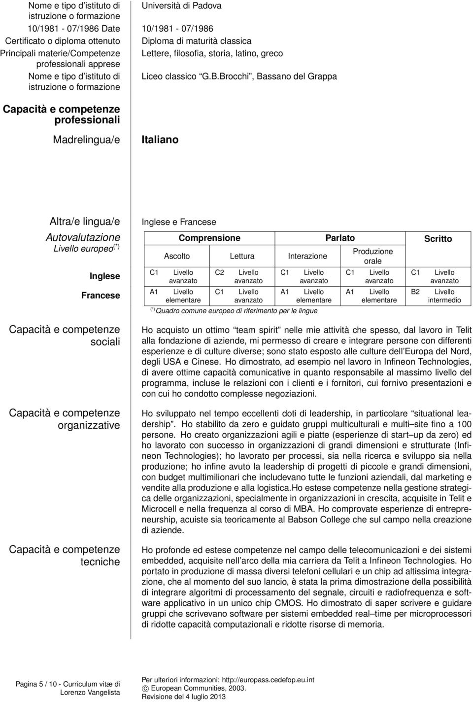 Brocchi, Bassano del Grappa Capacità e competenze professionali Madrelingua/e Italiano Altra/e lingua/e Inglese e Francese Autovalutazione Comprensione Parlato Scritto europeo (*) Inglese Francese C1