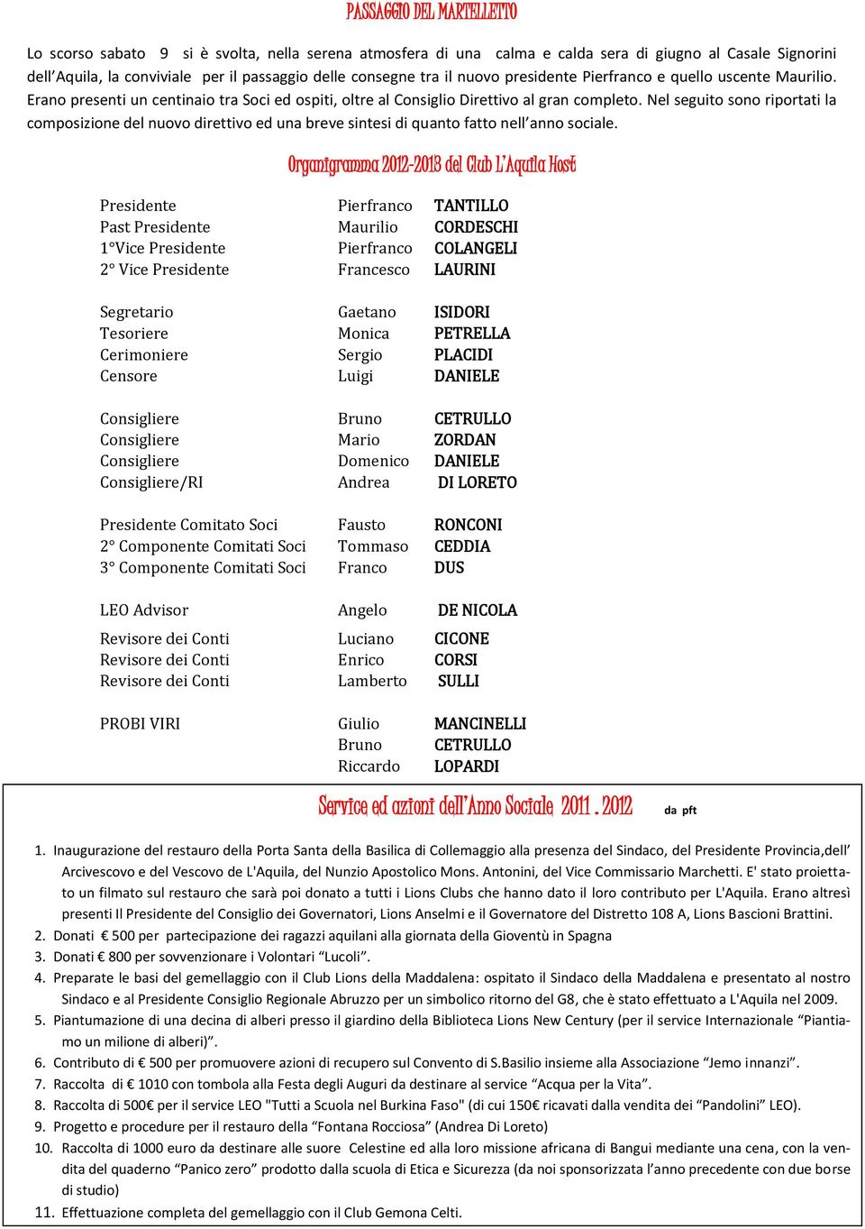 Nel seguito sono riportati la composizione del nuovo direttivo ed una breve sintesi di quanto fatto nell anno sociale.