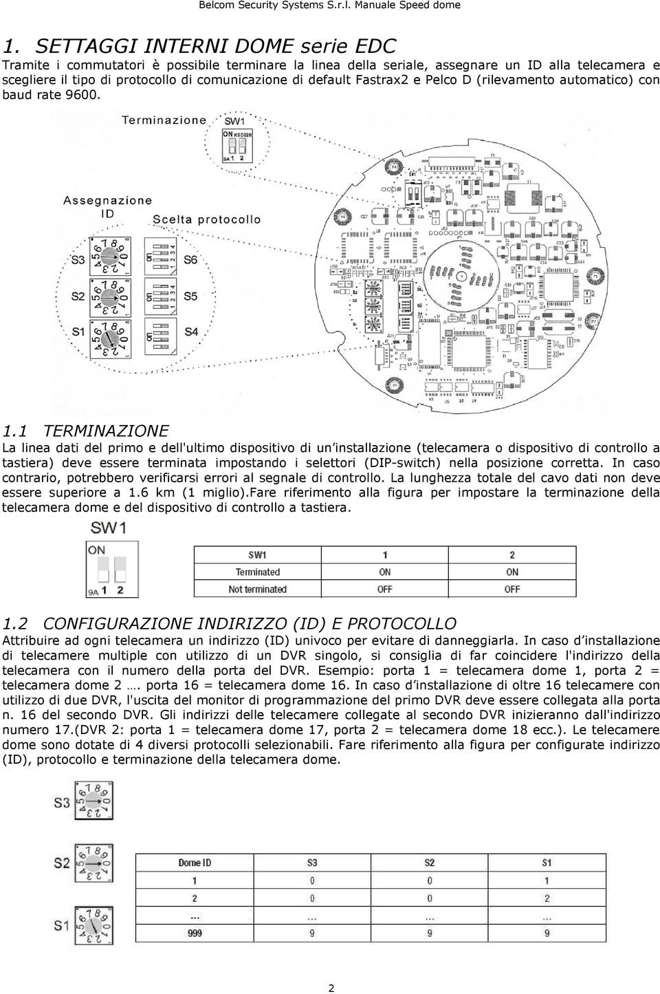 1 TERMINAZIONE La linea dati del primo e dell'ultimo dispositivo di un installazione (telecamera o dispositivo di controllo a tastiera) deve essere terminata impostando i selettori (DIP-switch) nella