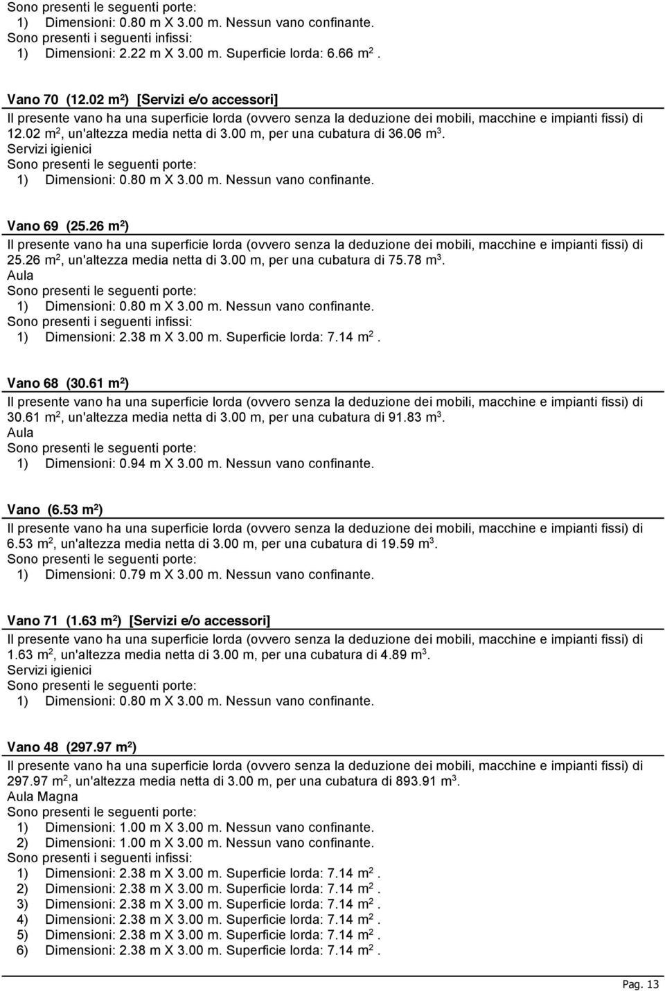 02 m 2, un'altezza media netta di m, per una cubatura di 36.06 m 3. Servizi igienici Sono presenti le seguenti porte: 1) Dimensioni: 0.80 m X m. Nessun vano confinante. Vano 69 (25.