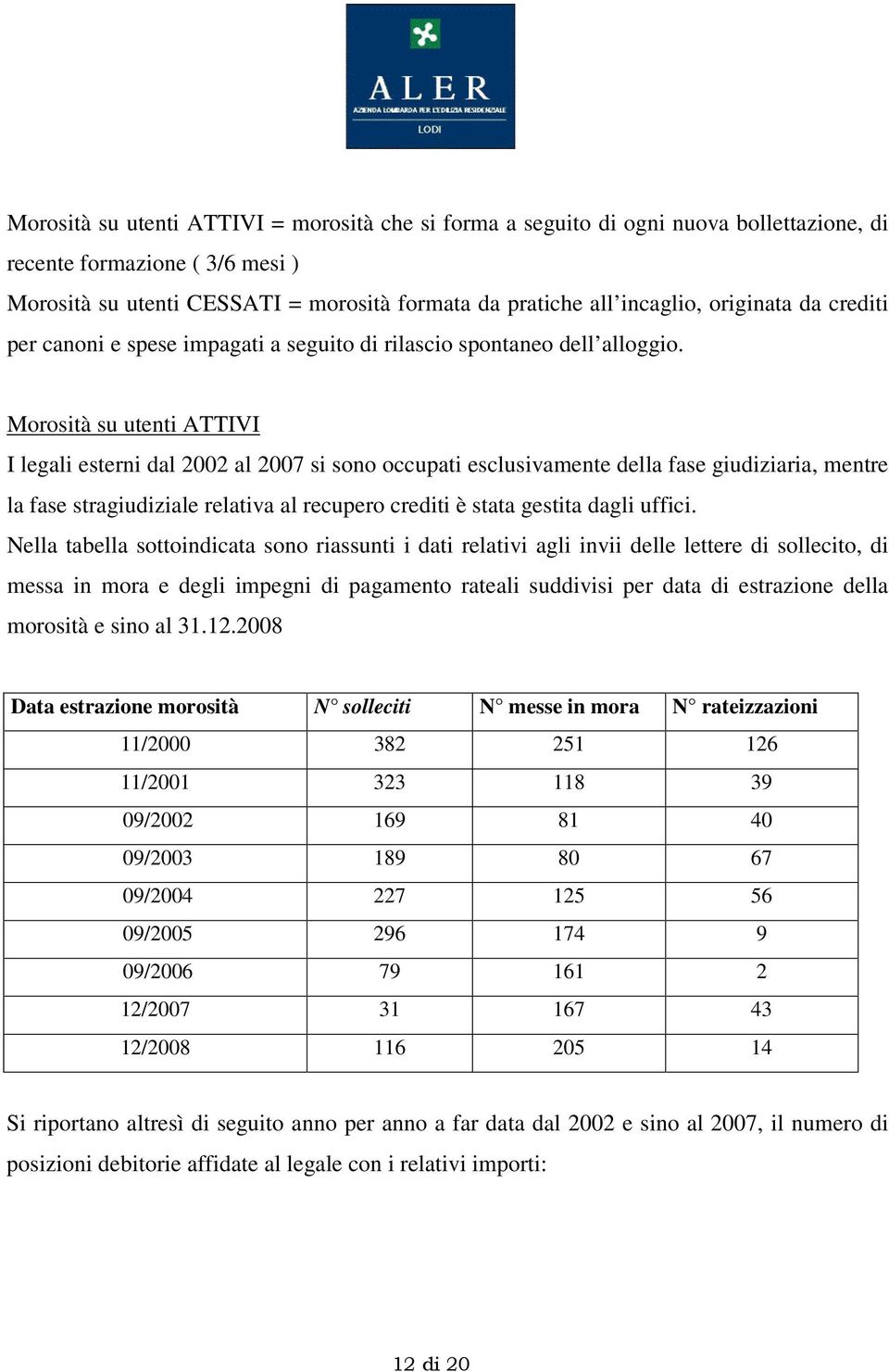 Morosità su utenti ATTIVI I legali esterni dal 2002 al 2007 si sono occupati esclusivamente della fase giudiziaria, mentre la fase stragiudiziale relativa al recupero crediti è stata gestita dagli