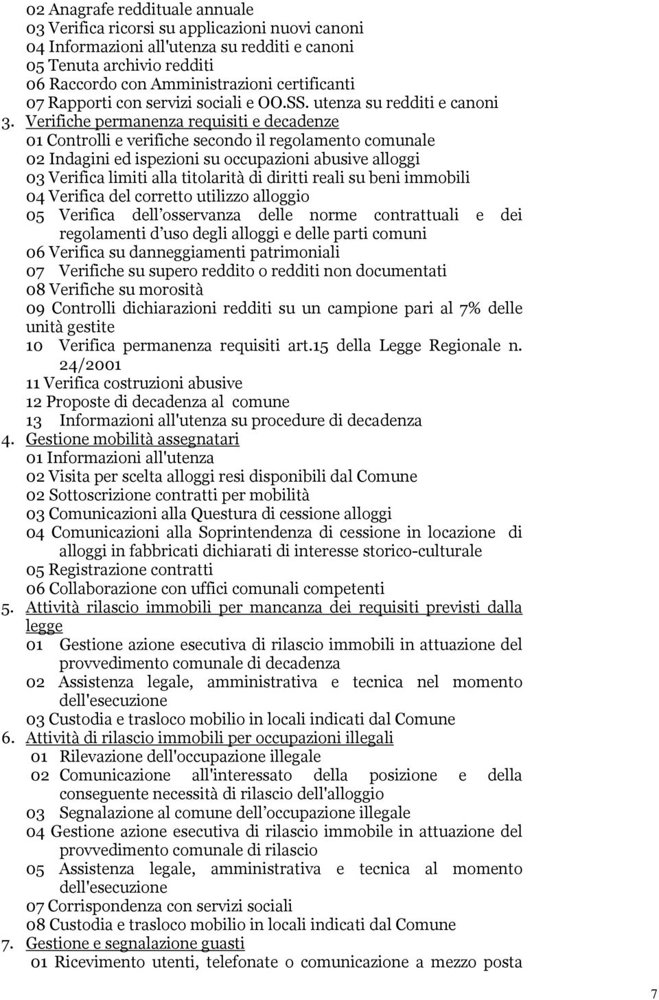 Verifiche permanenza requisiti e decadenze 01 Controlli e verifiche secondo il regolamento comunale 02 Indagini ed ispezioni su occupazioni abusive alloggi 03 Verifica limiti alla titolarità di