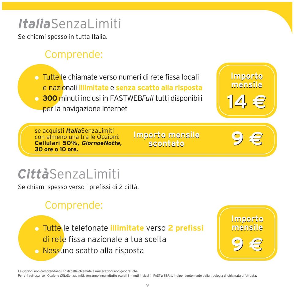 se acquisti ItaliaSenzaLimiti con almeno una tra le Opzioni: Cellulari 50%, GiornoeNotte, 9 scontato 30 ore o 10 ore. CittàSenzaLimiti Se chiami spesso verso i prefissi di 2 città.