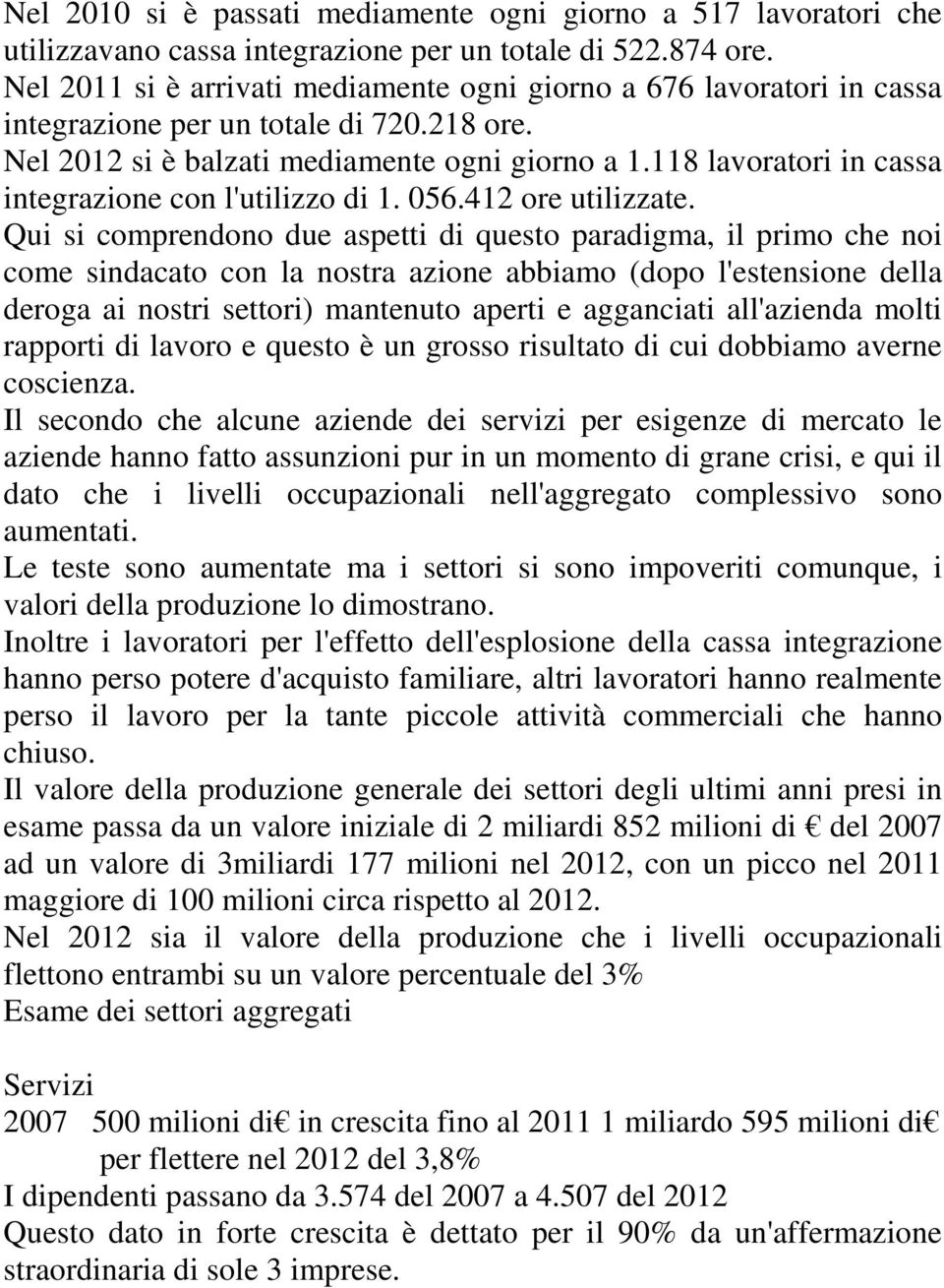 118 lavoratori in cassa integrazione con l'utilizzo di 1. 056.412 ore utilizzate.