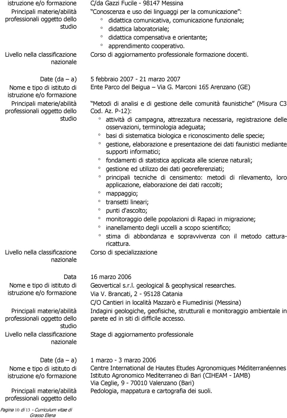 Date (da a) 5 febbraio 2007-21 marzo 2007 Ente Parco del Beigua Via G. Marconi 165 Arenzano (GE) Principali materie/abilità Metodi di analisi e di gestione delle comunità faunistiche (Misura C3 Cod.