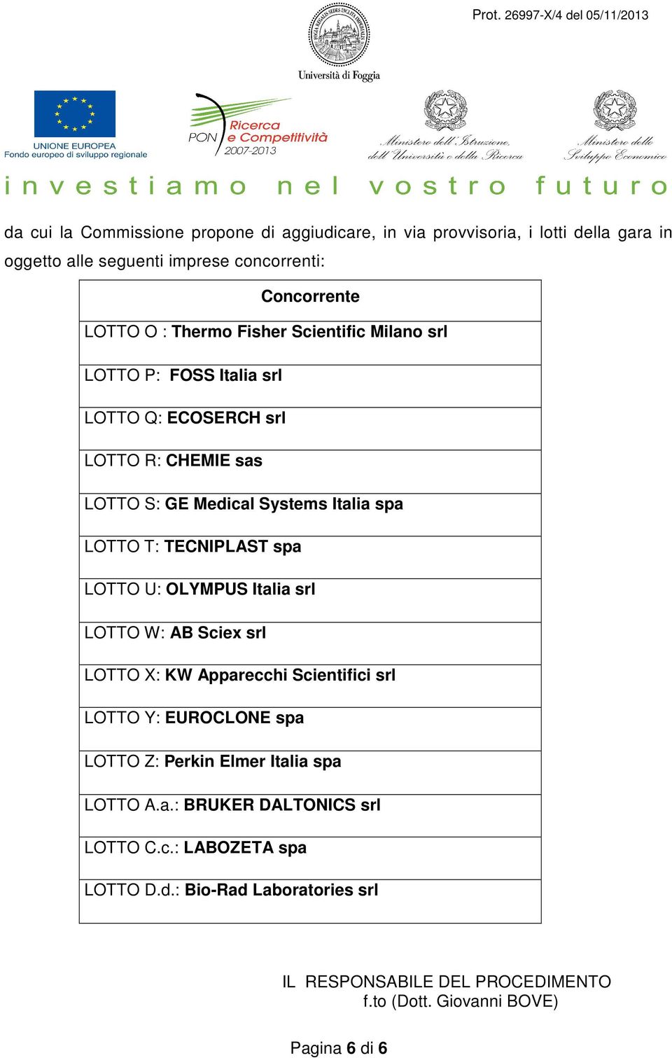 LOTTO U: OLYMPUS Italia srl LOTTO W: AB Sciex srl LOTTO X: KW Apparecchi Scientifici srl LOTTO Y: EUROCLONE spa LOTTO Z: Perkin Elmer Italia spa LOTTO A.a.: BRUKER DALTONICS srl LOTTO C.