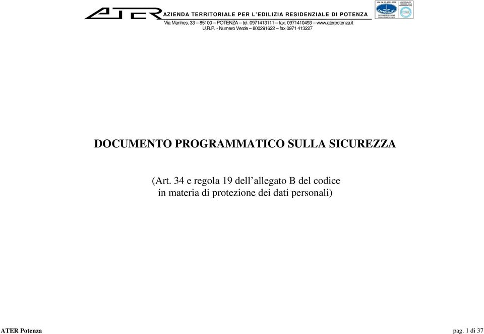 800291622 fax 0971 413227 DOCUMENTO PROGRAMMATICO SULLA SICUREZZA (Art.