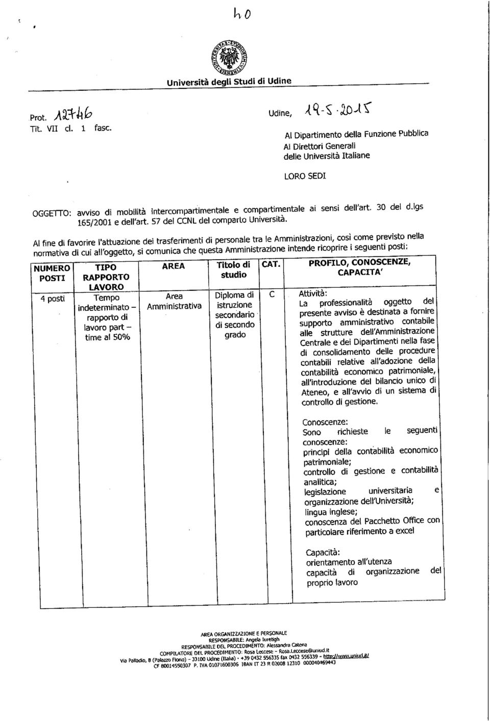 lgs mobility 165/2001 e dell'art. 57 del CCNL del comparto University.