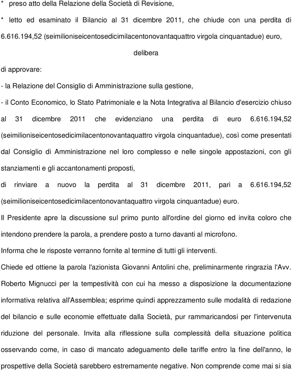 Stato Patrimoniale e la Nota Integrativa al Bilancio d'esercizio chiuso al 31 dicembre 2011 che evidenziano una perdita di euro 6.616.