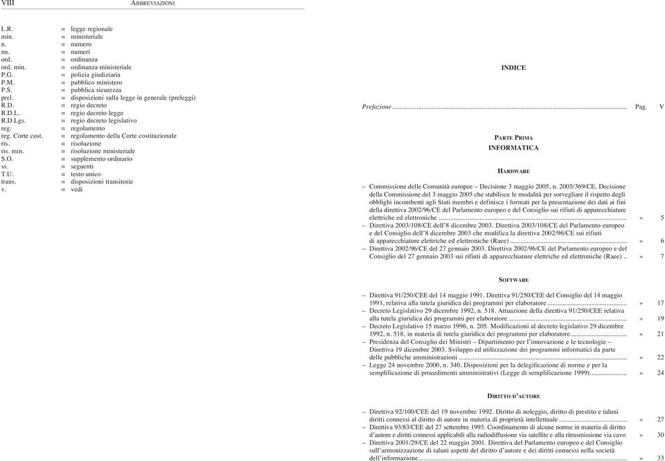 = regolamento della Corte costituzionale ris. = risoluzione ris. min. = risoluzione ministeriale S.O. = supplemento ordinario ss. = seguenti T.U. = testo unico trans. = disposizioni transitorie v.