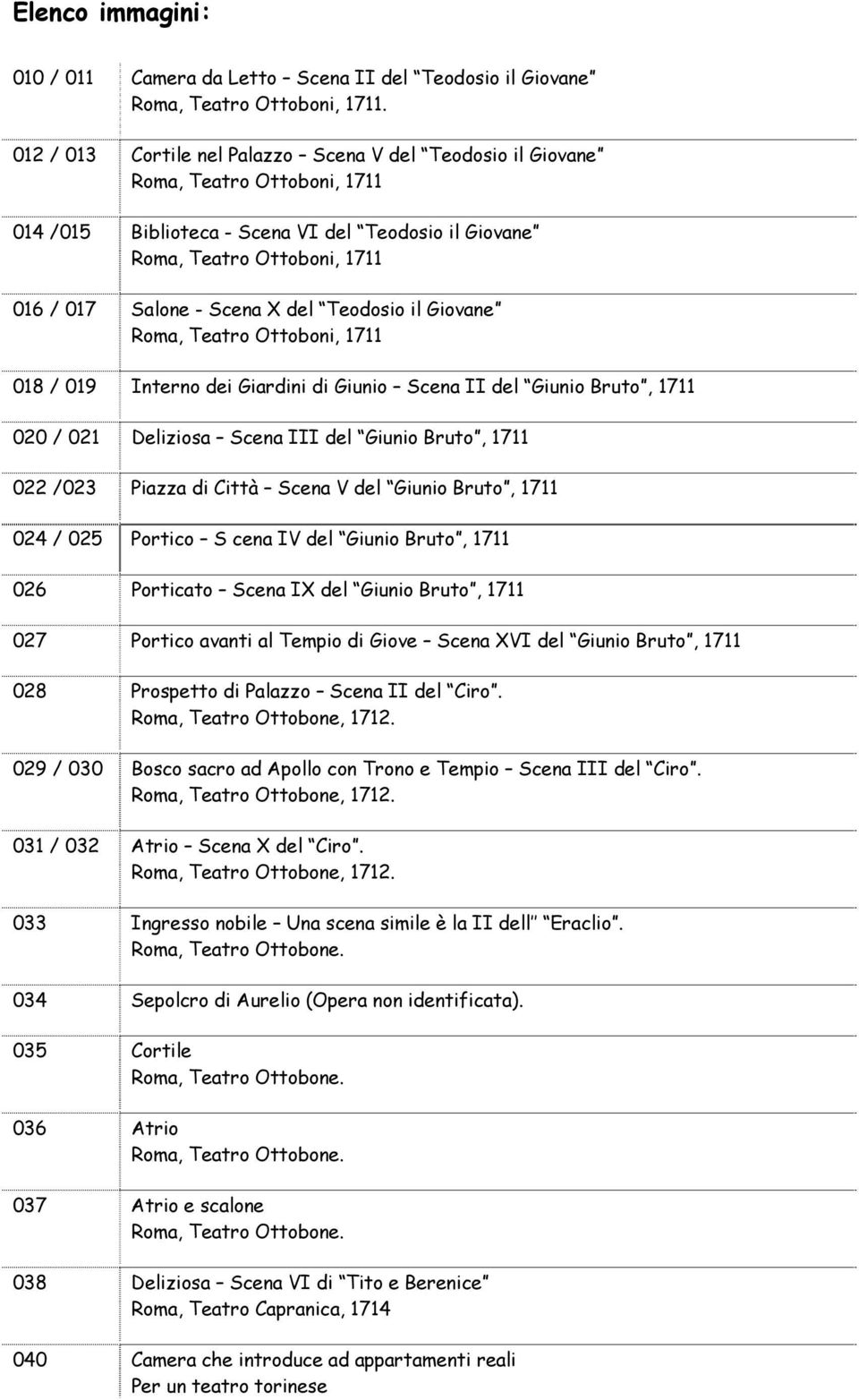 del Teodosio il Giovane Roma, Teatro Ottoboni, 1711 018 / 019 Interno dei Giardini di Giunio Scena II del Giunio Bruto, 1711 020 / 021 Deliziosa Scena III del Giunio Bruto, 1711 022 /023 Piazza di