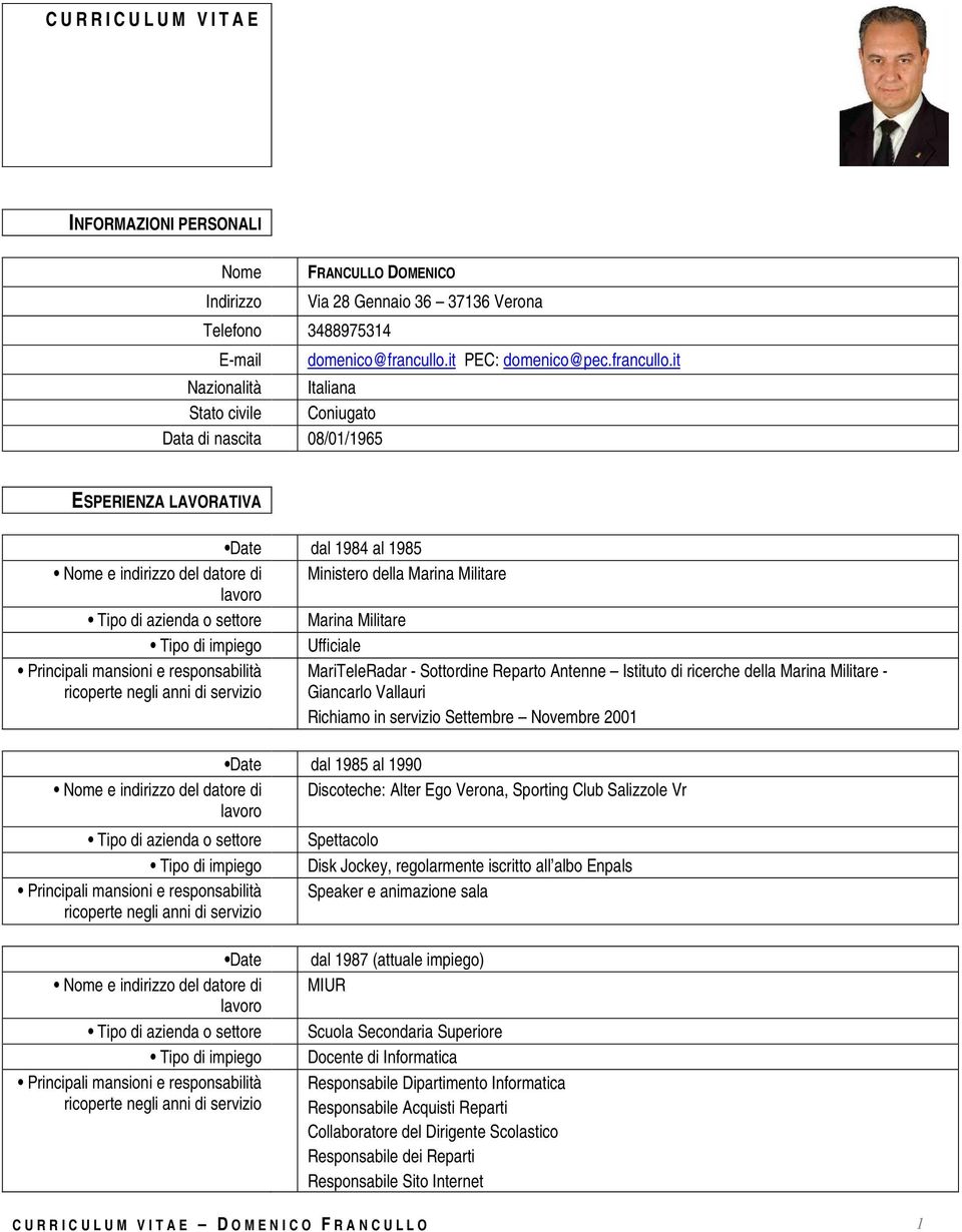 it Nazionalità Italiana Stato civile Coniugato Data di nascita 08/01/1965 ESPERIENZA LAVORATIVA dal 1984 al 1985 Ministero della Marina Militare Marina Militare Ufficiale MariTeleRadar - Sottordine