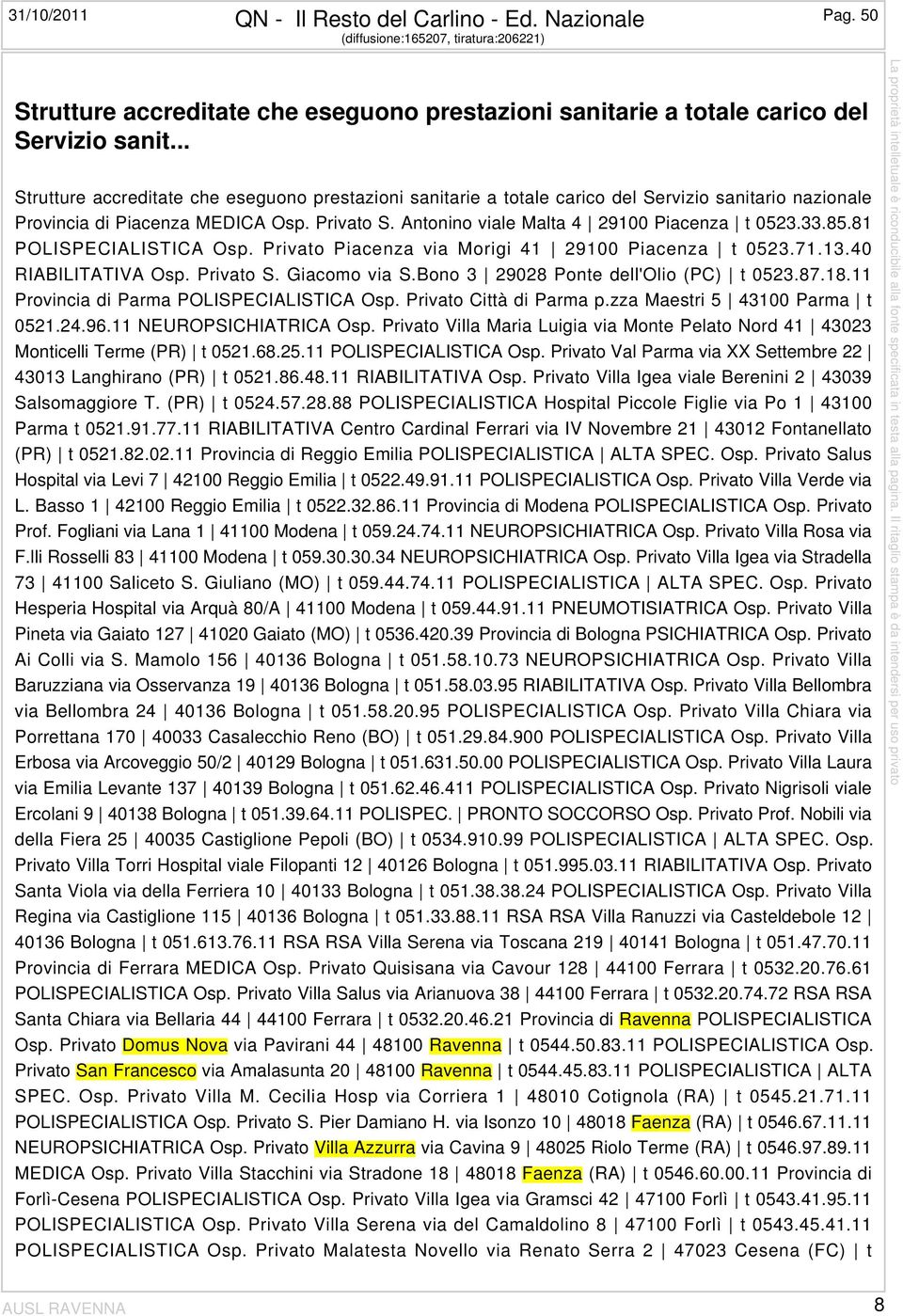 33.85.81 POLISPECIALISTICA Osp. Privato Piacenza via Morigi 41 29100 Piacenza t 0523.71.13.40 RIABILITATIVA Osp. Privato S. Giacomo via S.Bono 3 29028 Ponte dell'olio (PC) t 0523.87.18.