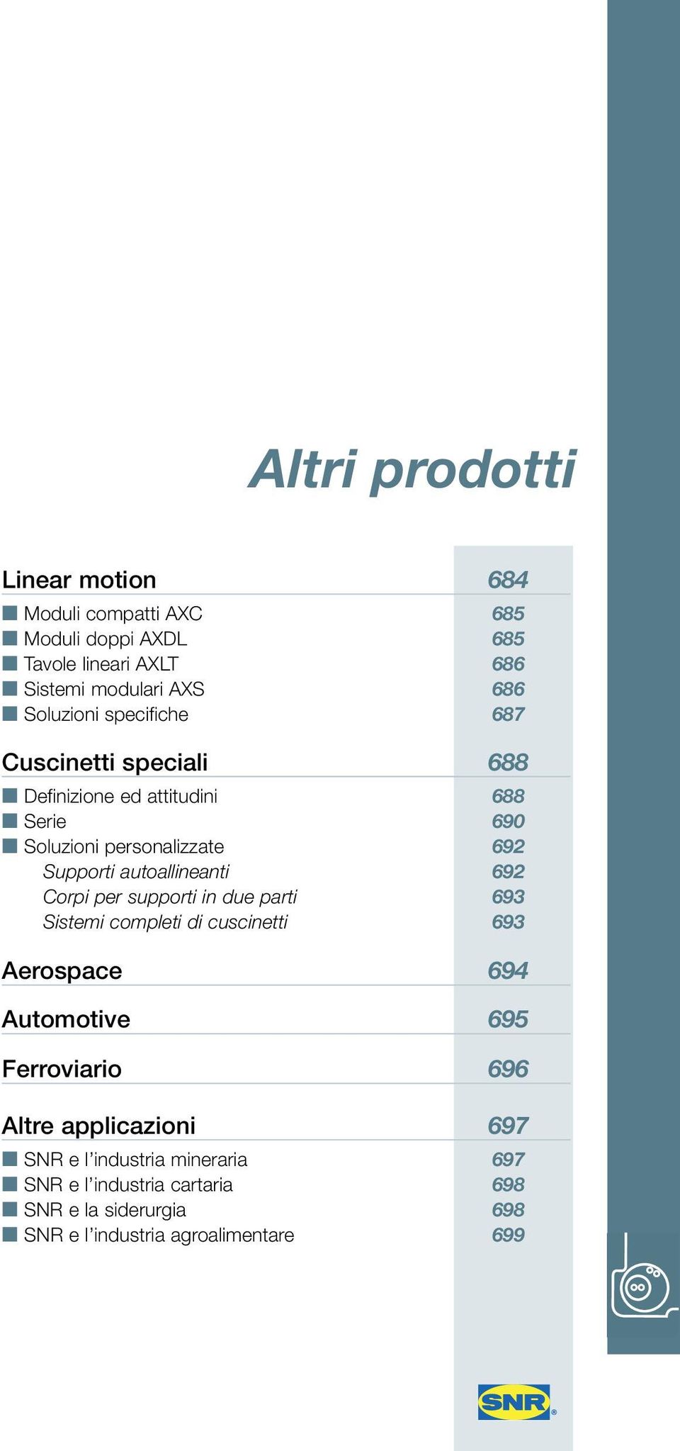 autoallineanti 692 Corpi per supporti in due parti 693 Sistemi completi di cuscinetti 693 Aerospace 694 Automotive 695 Ferroviario