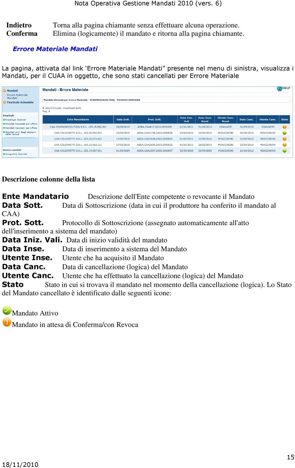 Materiale Descrizione colonne della lista Ente Mandatario Descrizione dell'ente competente o revocante il Mandato Data Sott.