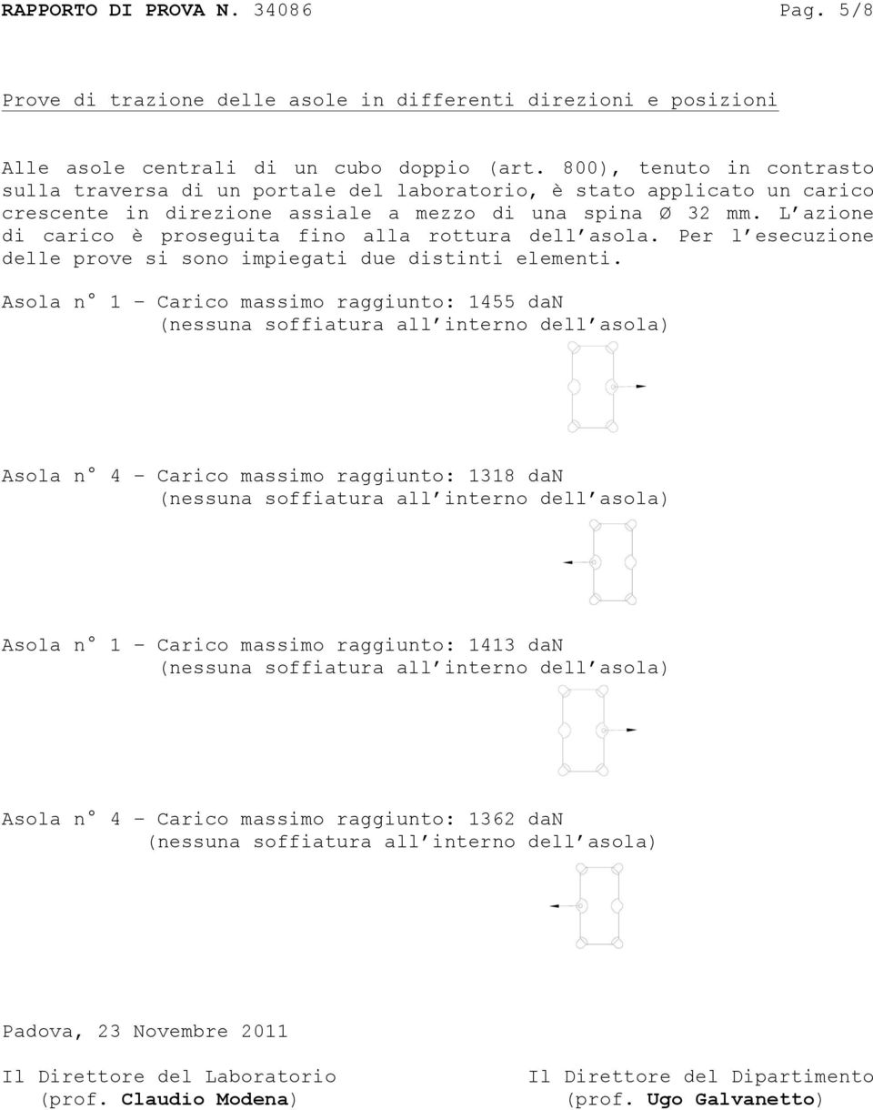 L azione di carico è proseguita fino alla rottura dell asola. Per l esecuzione delle prove si sono impiegati due distinti elementi.