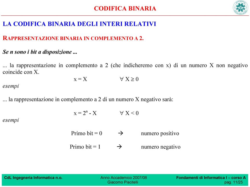 ..... la rappresentazione in complemento a 2 (che indicheremo con x) di un numero X non negativo coincide con X.