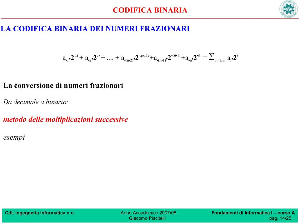 i 2 i La conversione di numeri frazionari Da decimale a binario: