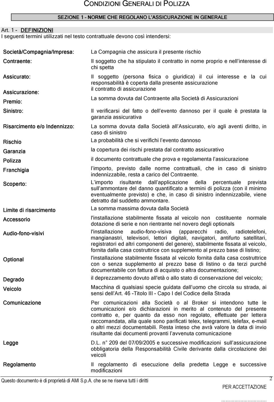 Indennizzo: Rischio Garanzia Polizza Franchigia La Compagnia che assicura il presente rischio Il soggetto che ha stipulato il contratto in nome proprio e nell interesse di chi spetta Il soggetto