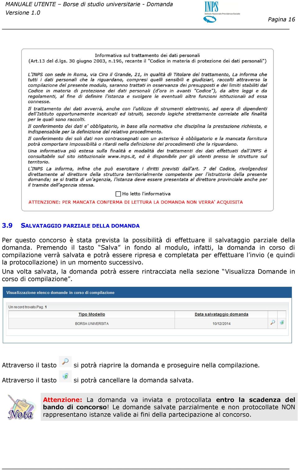 momento successivo. Una volta salvata, la domanda potrà essere rintracciata nella sezione Visualizza Domande in corso di compilazione.