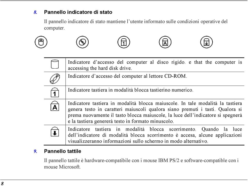 Indicatore tastiera in modalità blocca tastierino numerico. Indicatore tastiera in modalità blocca maiuscole.