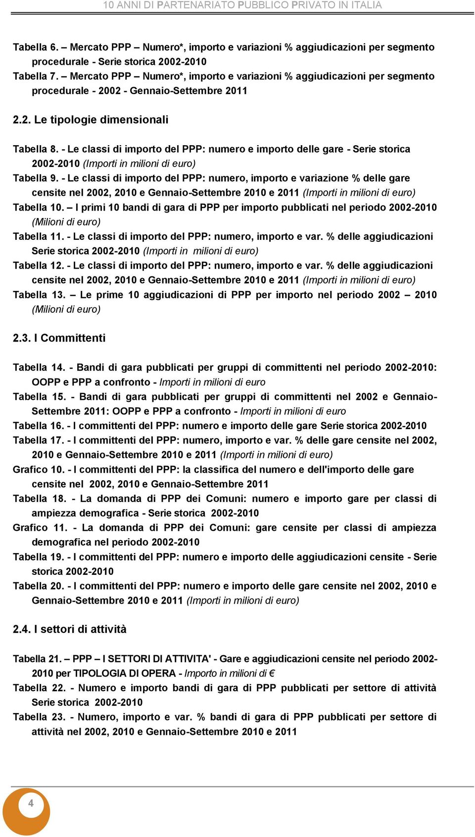 - Le classi di importo del PPP: numero e importo delle gare - Serie storica (Importi in milioni di euro) Tabella 9.