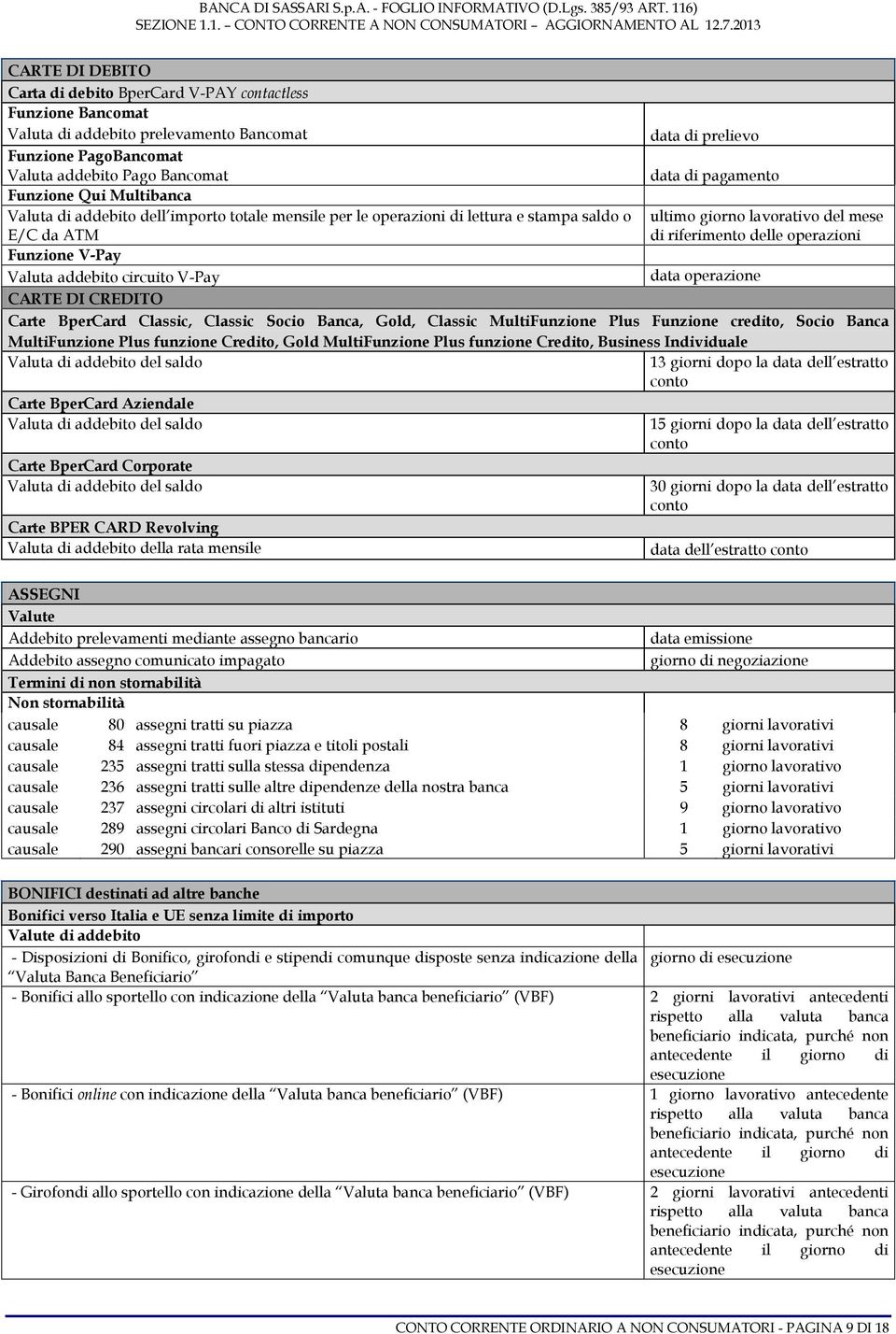 lavorativo del mese di riferimento delle operazioni data operazione CARTE DI CREDITO Carte BperCard Classic, Classic Socio Banca, Gold, Classic MultiFunzione Plus Funzione credito, Socio Banca