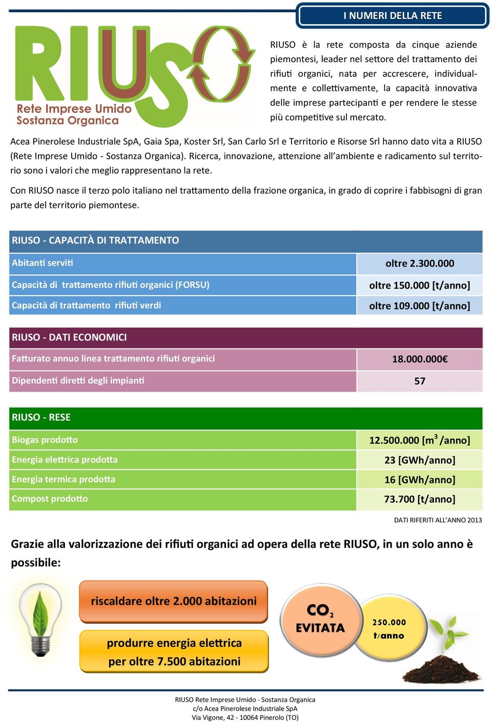 Acea Pinerolese Industriale SpA, Gaia Spa, Koster Srl, San Carlo Srl e Territorio e Risorse Srl hanno dato vita a RIUSO (Rete Imprese Umido - Sostanza Organica).