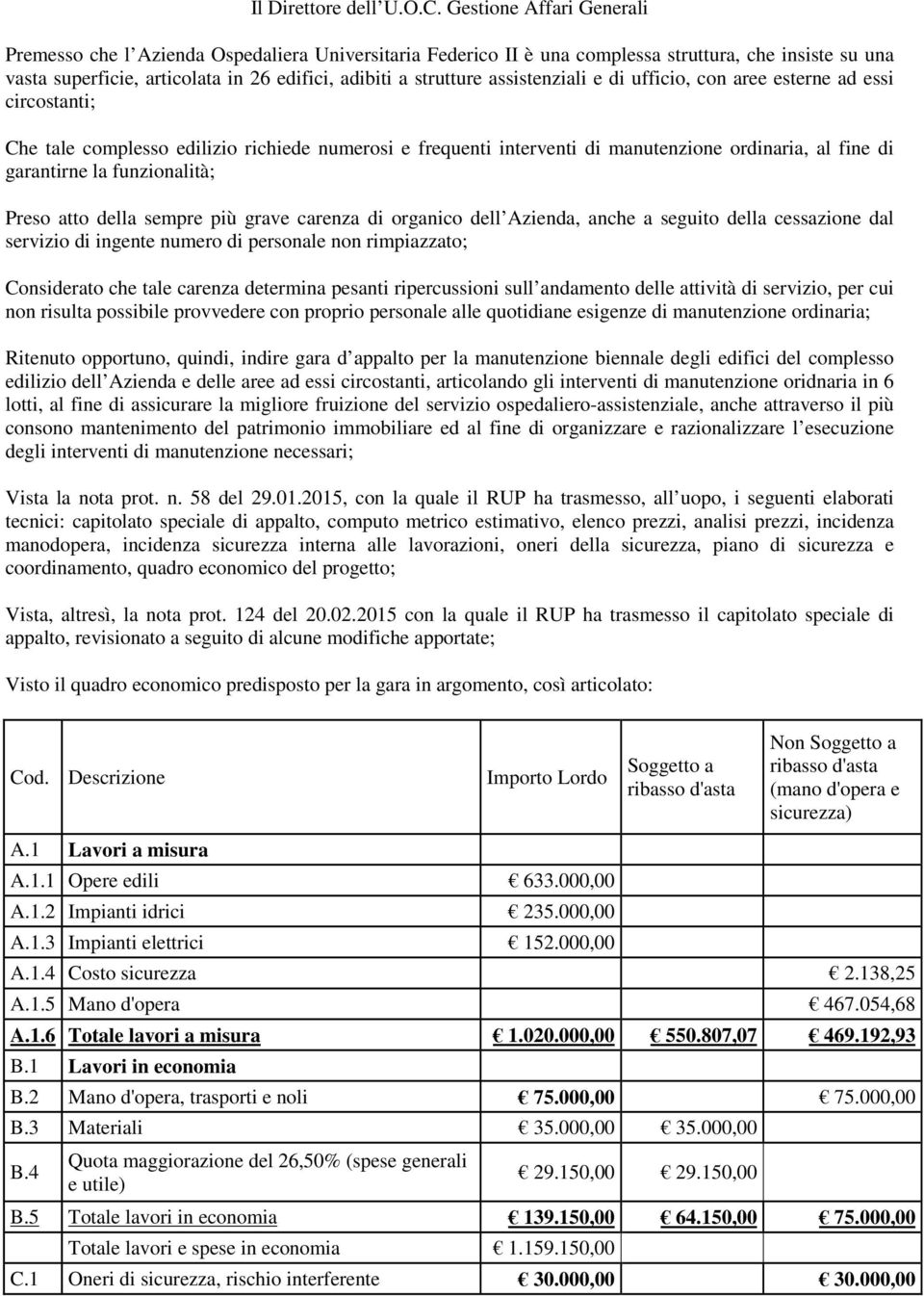 assistenziali e di ufficio, con aree esterne ad essi circostanti; Che tale complesso edilizio richiede numerosi e frequenti interventi di manutenzione ordinaria, al fine di garantirne la