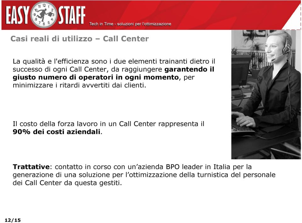 Il costo della forza lavoro in un Call Center rappresenta il 90% dei costi aziendali.