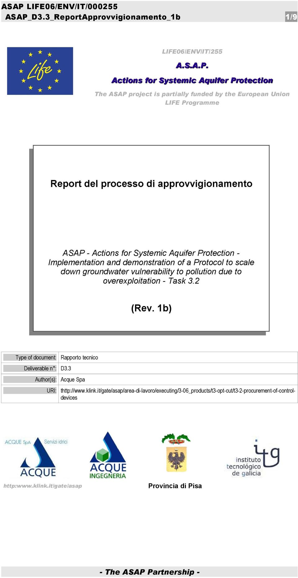 scale down groundwater vulnerability to pollution due to overexploitation - Task 3.2 (Rev. 1b) Type of document: Rapporto tecnico Deliverable n : D3.