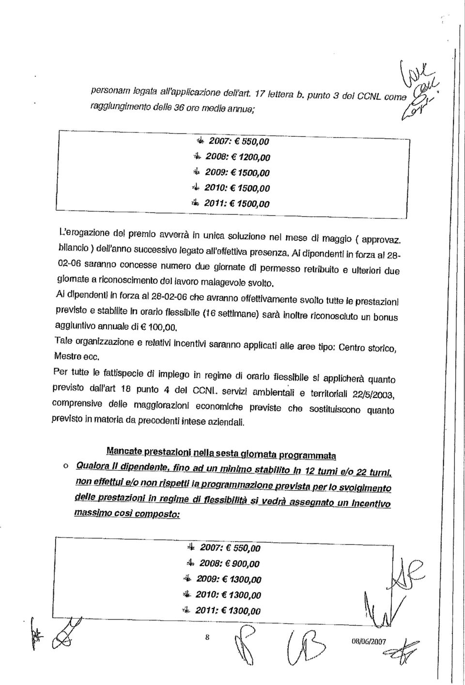 bilanoio ) dell'anne successive legato a[l'effettiva presenza, Ai dipendenti in forza a128 02-06 saranno ooncesse numero due glornate dt permesso retribuito e ultedori due glornate a dconoscimento