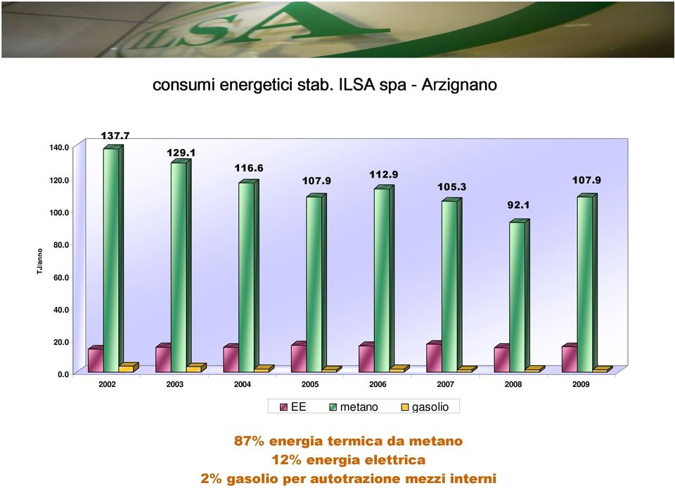 0 2002 2003 2004 2005 2006 2007 2008 2009 EE metano gasolio 87% energia