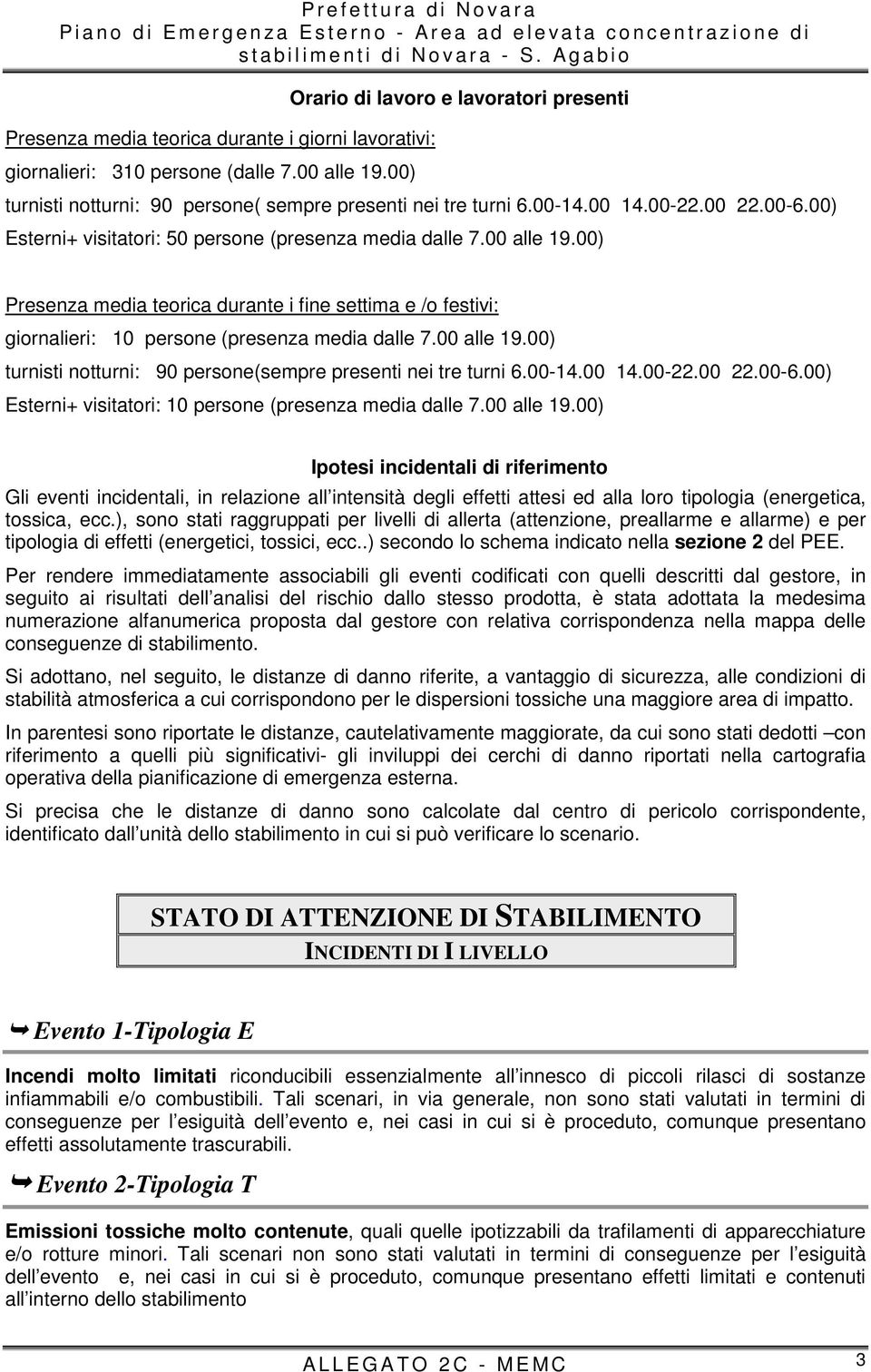 00 alle 19.00) Presenza media teorica durante i fine settima e /o festivi: giornalieri: 10 persone (presenza media dalle 7.00 alle 19.00) turnisti notturni: 90 persone(sempre presenti nei tre turni 6.