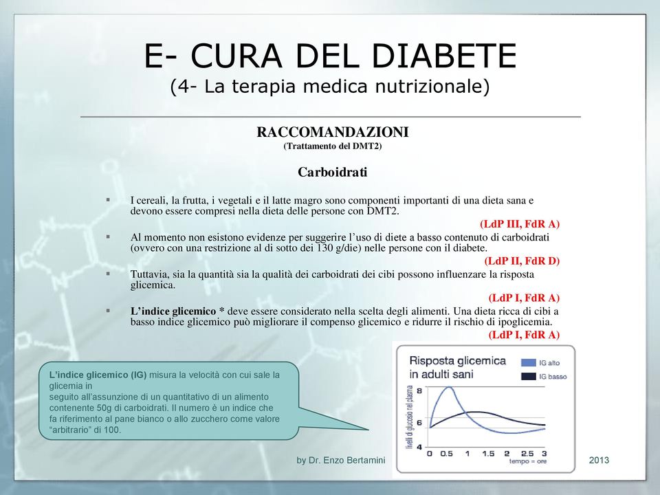 (LdP III, FdR A) Al momento non esistono evidenze per suggerire l uso di diete a basso contenuto di carboidrati (ovvero con una restrizione al di sotto dei 130 g/die) nelle persone con il diabete.