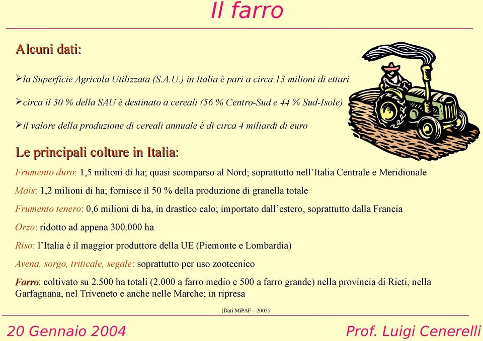 ) in Italia è pari a circa 13 milioni di ettari circa il 30 % della SAU è destinato a cereali (56 % Centro-Sud e 44 % Sud-Isole) il valore della produzione di cereali annuale è di circa 4 miliardi di