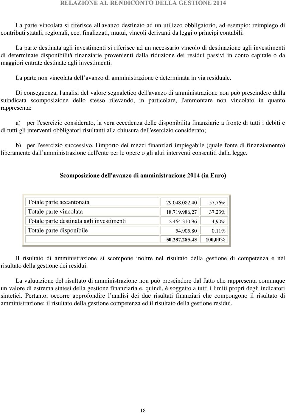 La parte destinata agli investimenti si riferisce ad un necessario vincolo di destinazione agli investimenti di determinate disponibilità finanziarie provenienti dalla riduzione dei residui passivi