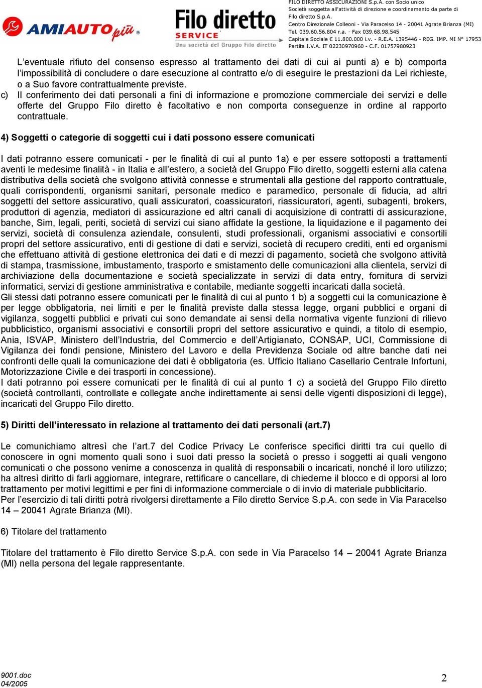 c) Il conferimento dei dati personali a fini di informazione e promozione commerciale dei servizi e delle offerte del Gruppo è facoltativo e non comporta conseguenze in ordine al rapporto