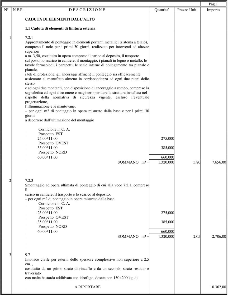 3,50, costituito in opera compreso il carico al deposito, il trasporto sul posto, lo scarico in cantiere, il montaggio, i pianali in legno o metallo, le tavole fermapiedi, i parapetti, le scale