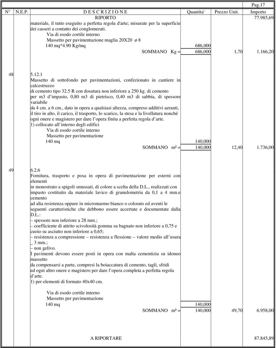 1 Massetto di sottofondo per pavimentazioni, confezionato in cantiere in calcestruzzo di cemento tipo 32.5 R con dosatura non inferiore a 250 kg.