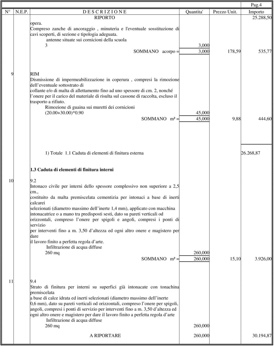 collante e/o di malta di allettamento fino ad uno spessore di cm. 2, nonché l onere per il carico del materiale di risulta sul cassone di raccolta, escluso il trasporto a rifiuto.