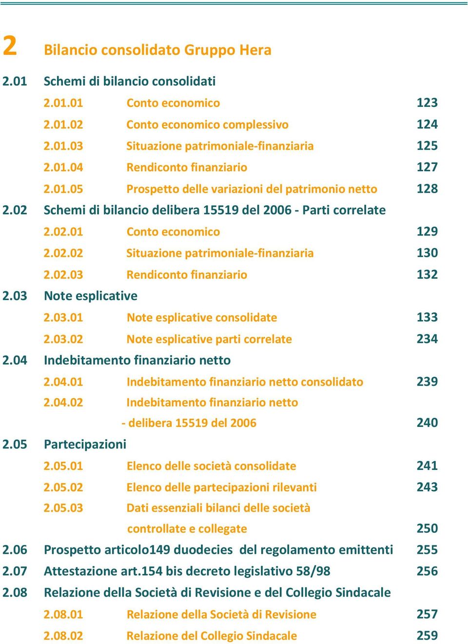 02.03 Rendiconto finanziario 132 2.03 Note esplicative 2.03.01 Note esplicative consolidate 133 2.03.02 Note esplicative parti correlate 234 2.04 Indebitamento finanziario netto 2.04.01 Indebitamento finanziario netto consolidato 239 2.