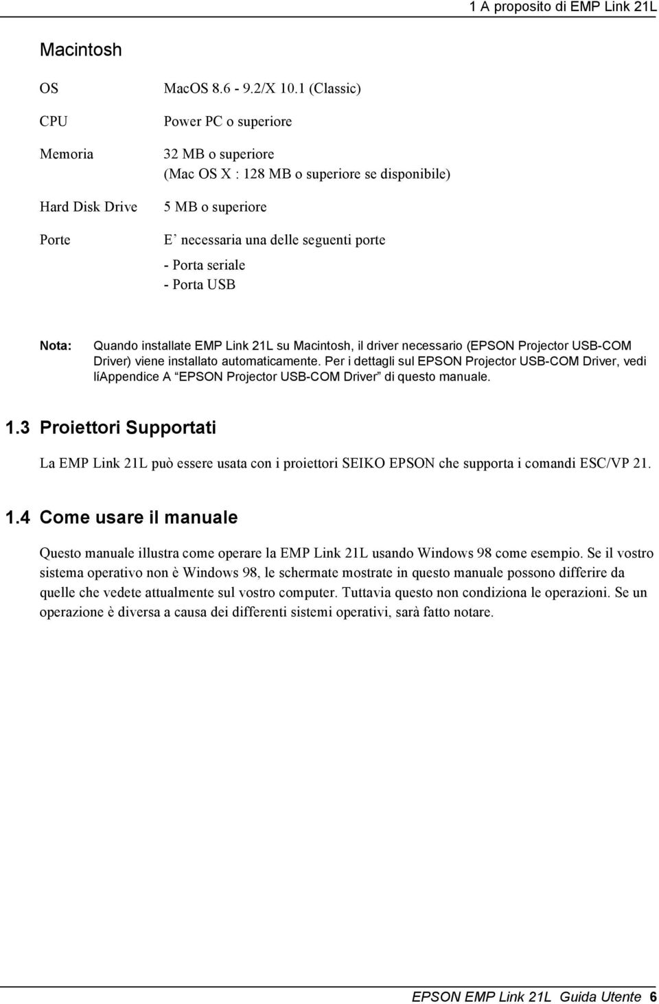 installate EMP Link 21L su Macintosh, il driver necessario (EPSON Projector USB-COM Driver) viene installato automaticamente.