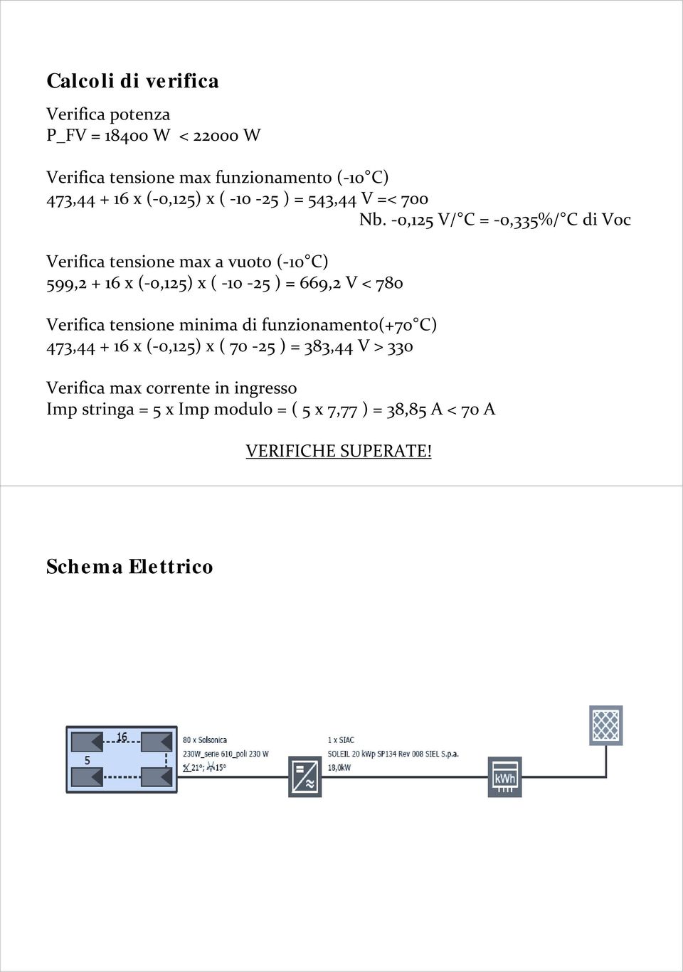 0,125 V/ C = 0,335%/ C di Voc Verifica tensione max a vuoto ( 10 C) 599,2 + 16 x ( 0,125) x ( 10 25 ) = 669,2 V < 780 Verifica